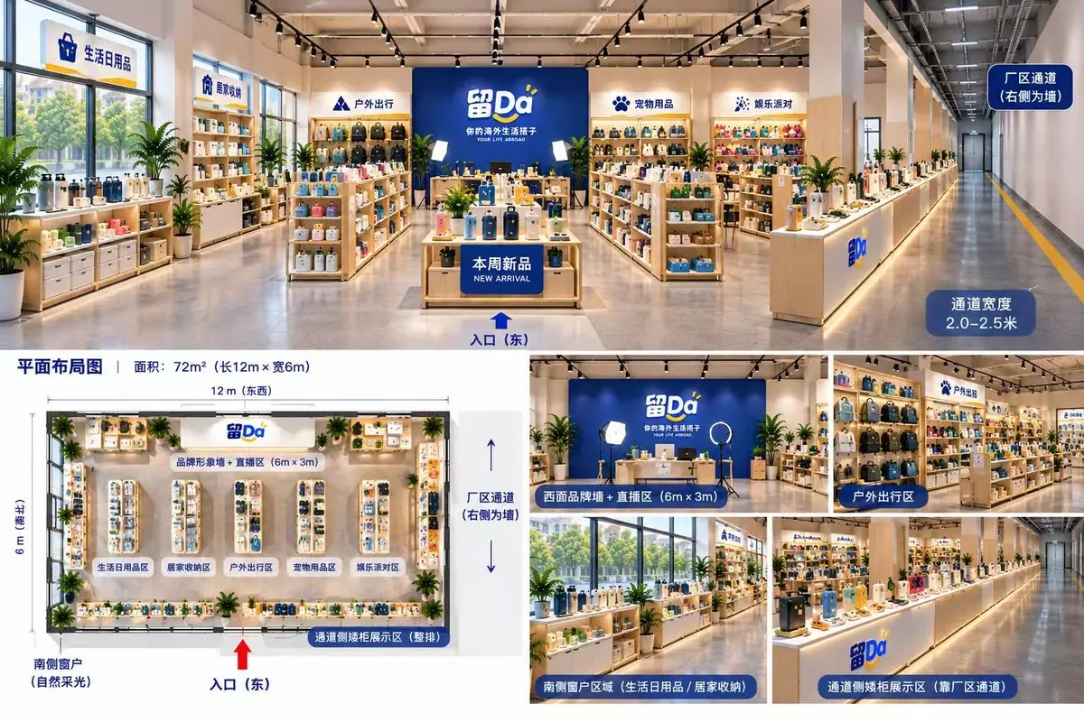 展示厅效果图和平面图：品牌墙、直播区、5 个分区