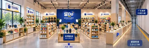 展示厅效果图：品牌墙、直播区和五个分区
